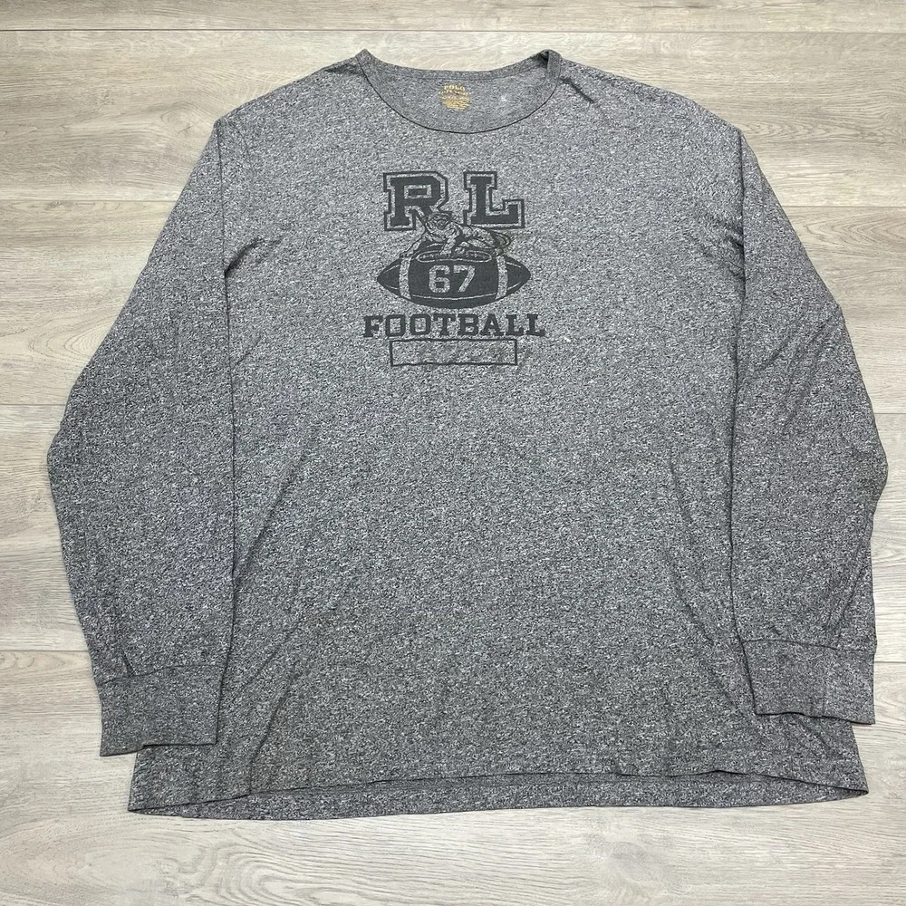 Polo Ralph Lauren Grey L/S T Shirt Men Sz XL Football FAIR STAIN